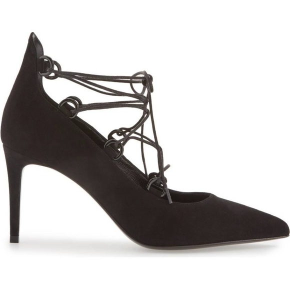 Saint Laurent Paris Thorn Lace-Up Pointed Toe Pumps Black Suede Size 37.5 - Picture 2 of 8